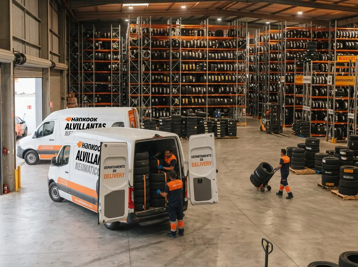 Almacén central de ALVILLANTAS con las vans de delivery siendo cargadas con llantas
