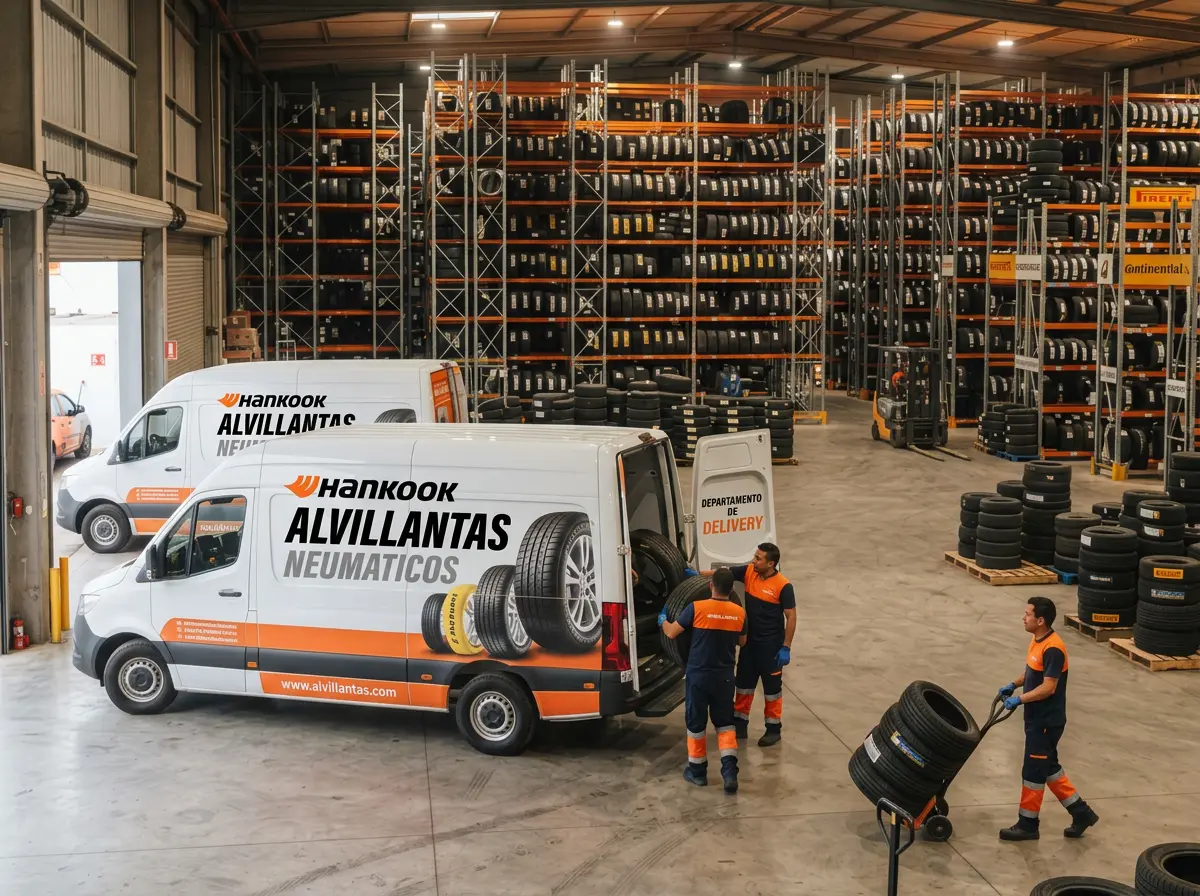 Almacén de ALVILLANTAS con las unidades de delivery y trabajadores cargando llantas
